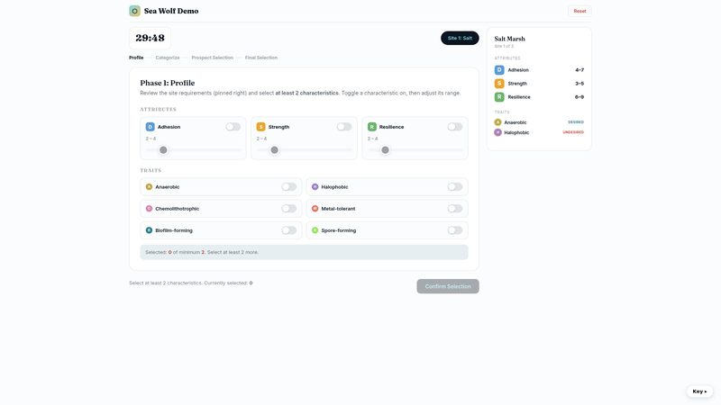 Sea Wolf demo simulation walkthrough, animated through profile, categorise, prospects and final selection phases