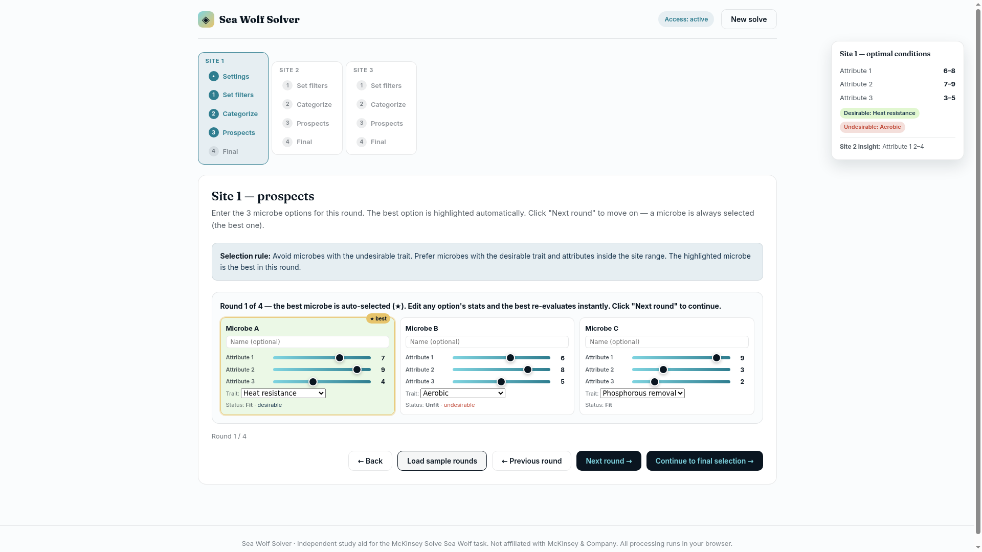 Sea Wolf Solver prospects panel with the best microbe auto-selected each round