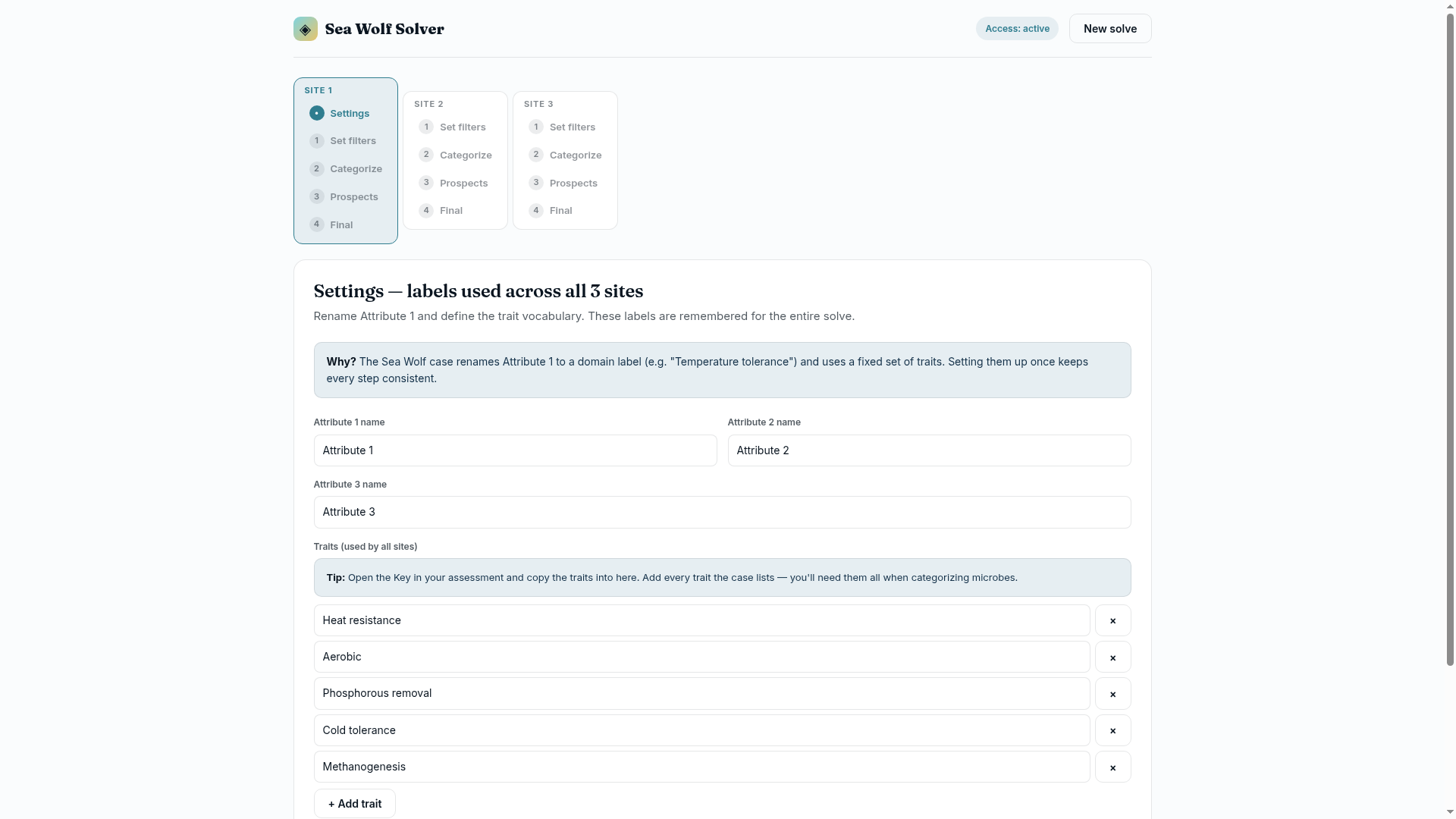 Sea Wolf Solver settings panel with global traits and attribute labels